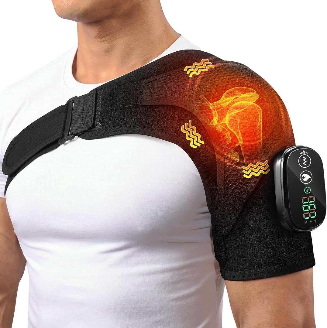 Cordless Heated Shoulder Massager, Portable Shoulder Brace Heating Pad with 3 Heat & Vibration Heated Shoulder Wrap Brace for Men Women