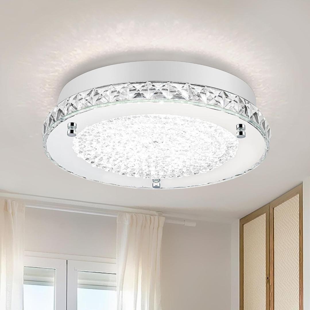 Crystal Ceiling Light Flush Mount Light Fixture Modern LED Ceiling Lamp for Foyer, Bedroom, Bathroom, Closet, Dimmable, 11 Inch, 18W (4000K)