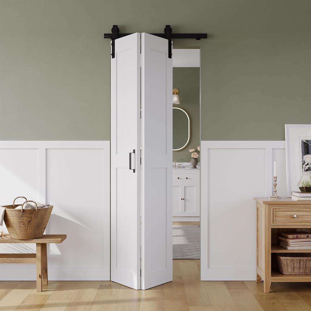 Bifold Barn Door 32" x 84", MDF Bi-Fold Sliding Closet Doors with Hardware Kit Included, Pre-Finished Easy Assembly, Water-Proof PVC Surface & Save Space, H-Frame, 36" Track for 2 Doors,White