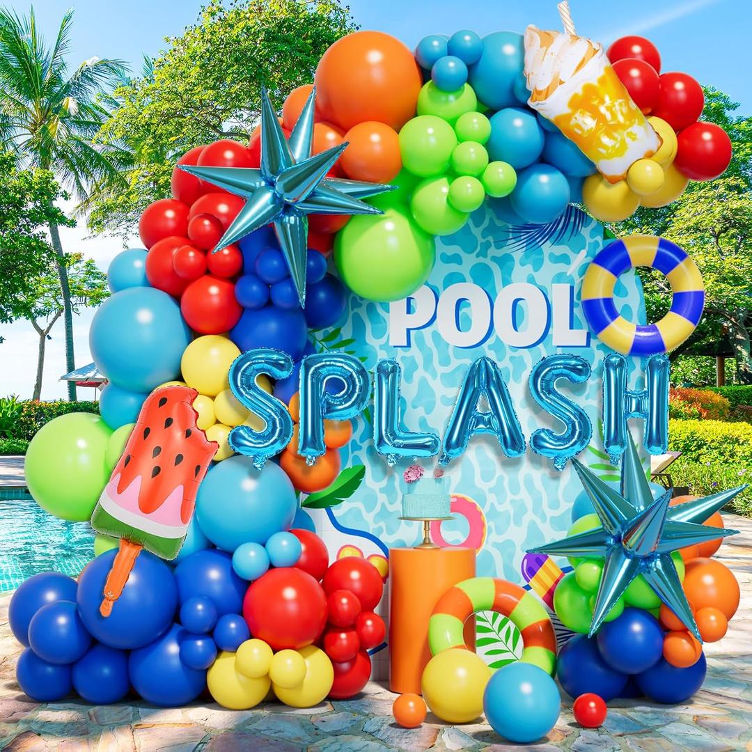 Summer Pool Beach Party Decorations Tropical Balloon Garland Arch Kit with Explosion Star and SPLASH Foil Balloon for Tropical Hawaii Birthday Baby Shower Party Decorations