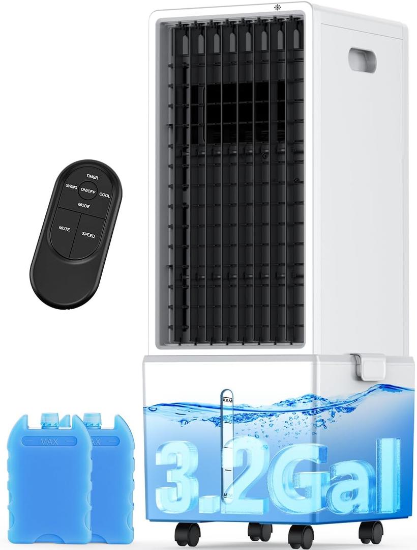 4-IN-1 Portable Air Conditioners w/3.2-Gal Tank for 24H Cooling, 4 Powerful Wind Speeds & 4 Modes, LED Touch Screen, Waterless Alert System & 12H Timer, Remote, Evaporative Air Cooler for Home