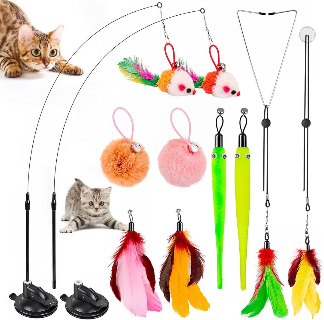 Cat Toys, 2 Pack 3 in 1 Interactive Cat Toy for Indoor Cats with Sticky Super Suction Cup Detachable 10 Pcs Replacements Feathers Balls Mice 2 Wand Hanging Door Kitten Toys