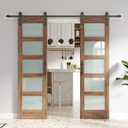FREDBECK Double 24 x 84 inch Glass Barn Doors 48inch Barn Door with 8FT Hardware Kit & Handle Included,5-Panel Frosted Glass,LVL Wood Panel,Water-Proof PVC Surface,Pre-Drilled Holes,Need Assembly