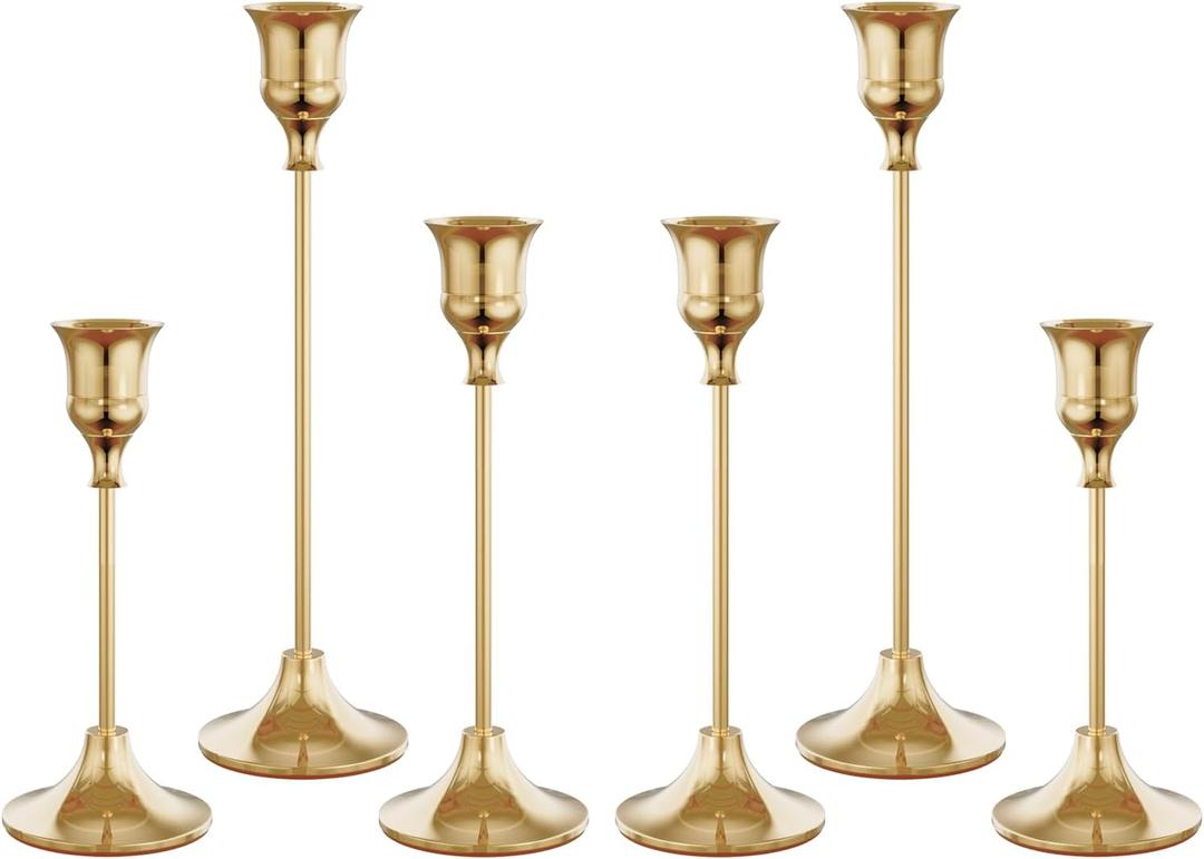 Set of 6 French Gold Candle Holders for Taper, Vintage Candlestick Holder Decorative Metal Candle Sticks Home Decor Centerpieces for Table Mantel Festive Decorations