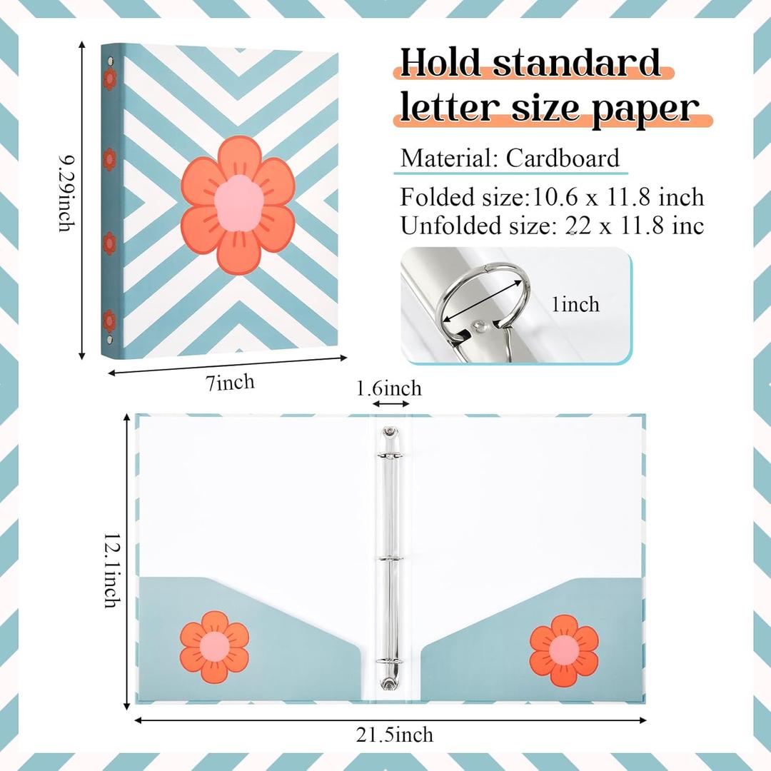 ReliThick 3 Pcs Retro Bow 3 Ring Binder, 1 Inch Round Ring with Interior Pockets, Decorative Retro Binders, Clipboard Binder, Groovy School Supplies for School Office,Letter Size (Mixed Color)