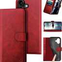 DuckSky Compatible with iPhone 17 6.3" Genuine Leather Wallet caseRFID Blocking4 Credit Card HolderReal Leather Flip Phone case Cover Women Men for Apple 17 case Red