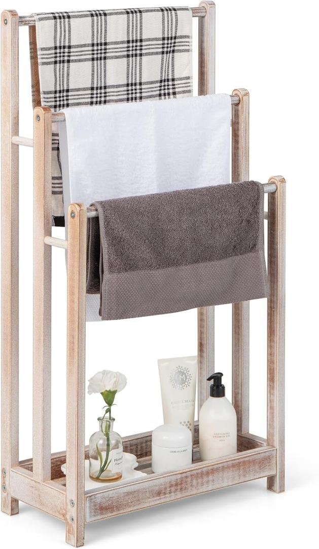 Giantex Towel Rack for Bathroom - 3 Tier Freestanding Towel Racks with Storage Shelf, Wood Hand Towel Drying Stand, Blanket Holder for Living Room, Laundry Room, 18" L x 9" W x 34" H (Light Brown)