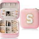 CY2SIDE Letter Velvet Travel Jewelry Case for Women - Pink Organizer for Ring, Earring, Necklace, Bracelet, Pendant - Vacation Gift for Lovers (Letter S)