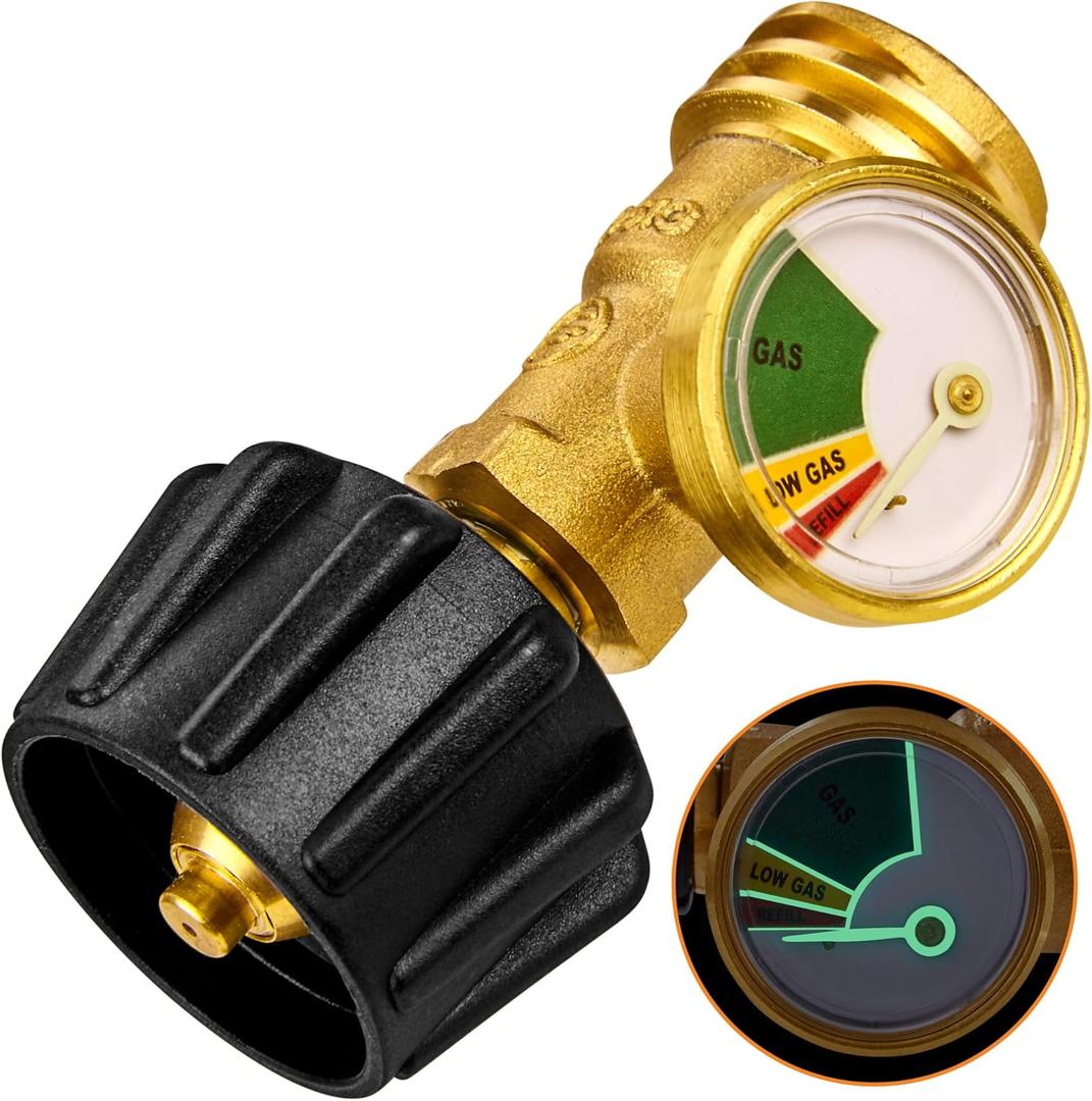 Flame King Propane Tank Gauge Level Indicator Leak Detector Gas Pressure Meter Color Coded & Glow in the Dark Universal for Cylinder, BBQ Gas Grill, RV Camper, Heater and More Appliances, Brass