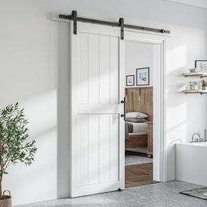 SmartStandard 32 x 84 inch White Sliding MDF Barn Door with 6FT Black Sliding Door Hardware Kit & Handle, Pre-Drilled Ready to Assemble, Waterproof PVC Coating, H-Frame