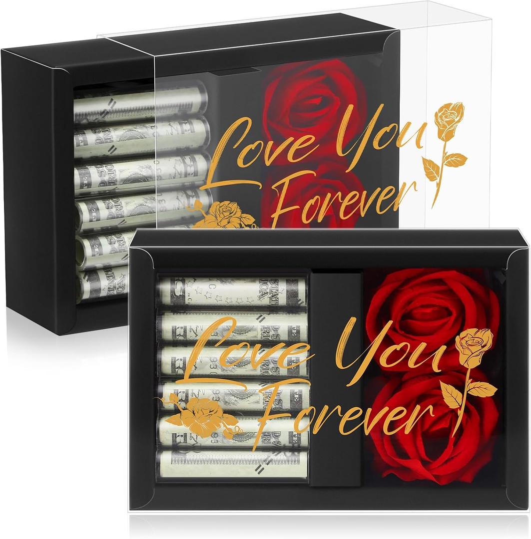 CroBlissful Valentine's Day Money Box for Cash Gift Money Gift Box for Cash with 2 Velvet Rose Flower 6 Acrylic Tubes for Women Girlfriend Wife Anniversary(Love You Forever) (Red and Black)