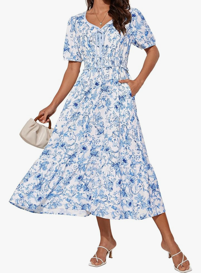 GRACE KARIN 2025 Women's Summer Floral Flowy A Line Midi Dresses Elegant Short Sleeve Smocked V-Neck Tiered Dresses M