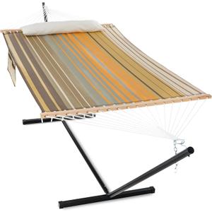 Gafete Waterproof Double Hammock with Stand for Outside Heavy Duty, 2 Person 55'' Large Quick Dry Textilene Hammocks with Hardwood Spreader Bar, Pillow, Pockets, for Outdoor, 475lbs Capacity (Coffee)
