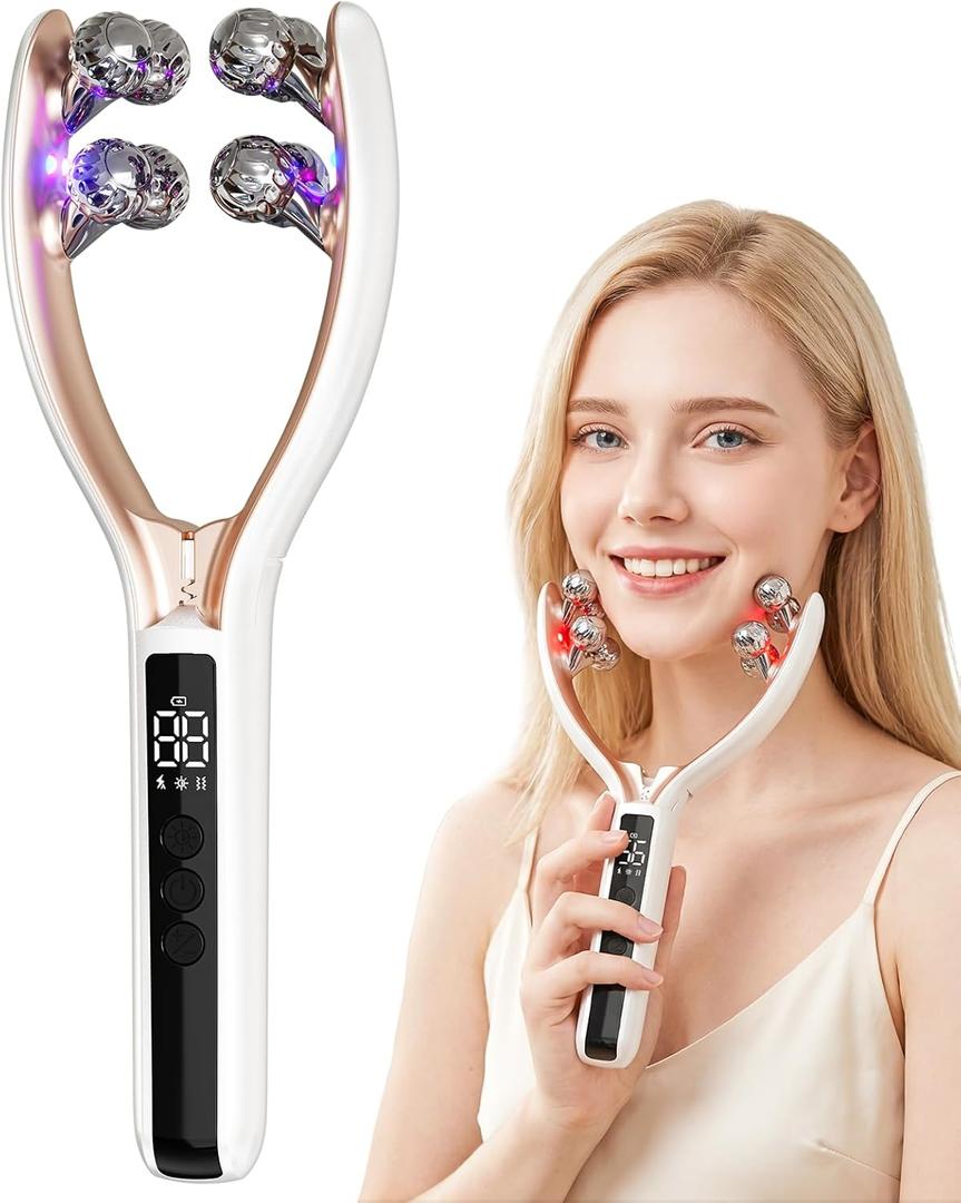 5 in 1 Face Massager, Face Roller Jaw & Tmj Massager for Lymphatic Drainage, Ice Roller for Face Sculpting Tool with Red Blue LED, EMS Import, Vibration, Heating for Home & Travel Use