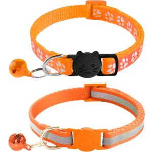 2 Pack Breakaway Cat Collars with Bells, Reflective Design and Claw Print Design, Safety Buckle Kitten Collars Adjustable from 7.5 to 12.5 Inches (Orange)