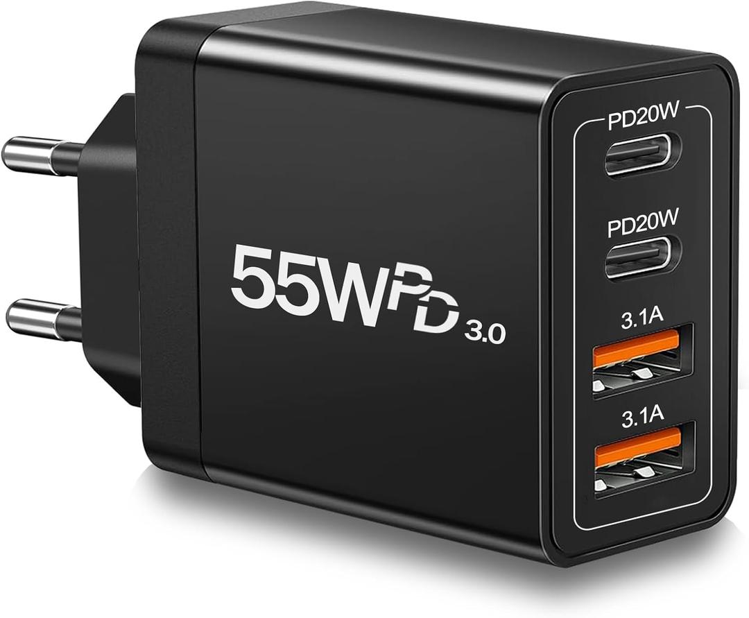 European USB C Charger, 55W European Travel Plug Adapter 4-Port USB C Fast Charging Block US to Europe Plug Adapter Type C Power Adaptor for iPhone 16 15 14 13 12 11 Pro Max XS X 8, Galaxy, Android (55W Black)
