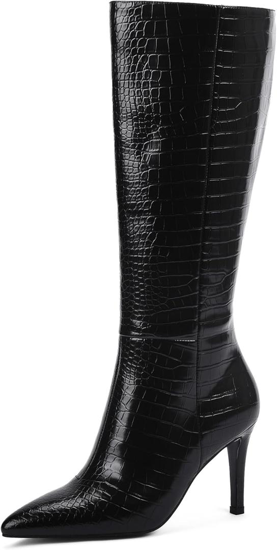 Modatope Knee High Boots Women Tall Boots Pointed Toe Stiletto High Heel Side Zipper Long Boots for Women Faux Crocodile Boots, Not Wide Calf (7, Black)
