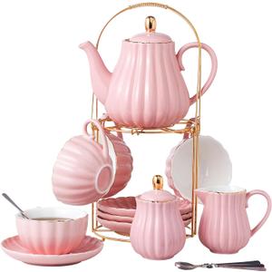 CLAY TONIC-- 8 OZ Fine China Purple Coffee Cup/ Teacup Set, Cups & Saucer, with Teapot-Sugar Bowl-Cream Pitcher Teaspoons and tea strainer for Tea/ Coffee, 17-Pieces- Service for 4 (Pink)