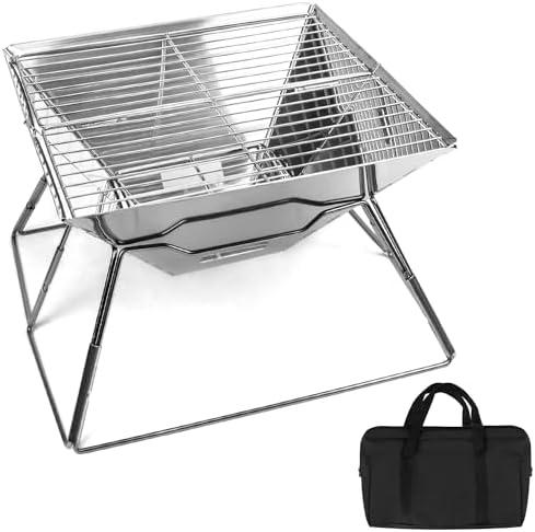 QWORK Portable Stainless Steel Camping Grill, Foldable Wood Burning and Charcoal BBQ, Dual Height Adjustable with Ash Catcher, for Outdoor, Beach, and RV Camping
