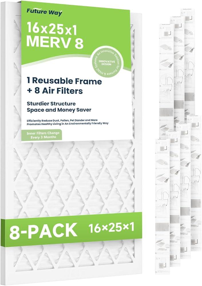 Future Way 16x25x1 Air Filters, 8-Pack with Reusale Frame, MERV 11, MPR 1000 AC Furnace Filters, Space Saving & Cost-effective