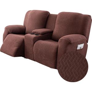 Genina Recliner Loveseat Covers with Console, Stretch Reclining Sofa Covers, 2 Seater Couch Cushion Stripe Jacquard Recliner Slipcovers,Furniture Protector Covers for Pet (Chocolate)