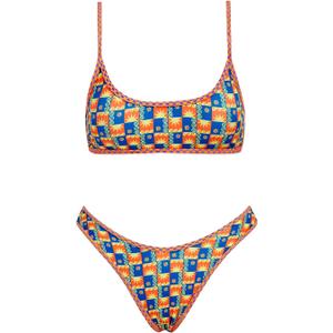 VOLAFA Women's Triangle Bikini Set Smocked Textured Scoop Frilled Print Ruched Elastic Swimsuit Two Piece Bathing Suit (6, Orange Blue Sun)