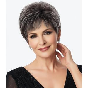 SEVENCOLORS Short Pixie Wigs for Women Layered Natural Looking Dark Brown Wig with Grey Highlights Synthetic Short Hair Women's Wigs
