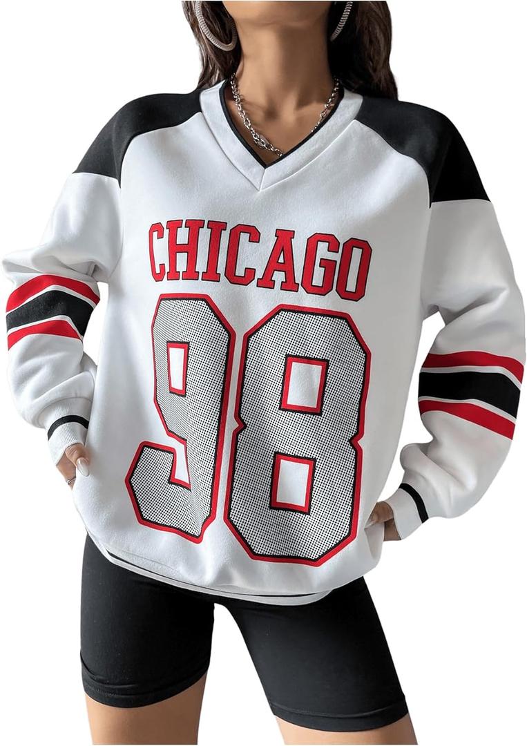 SweatyRocks Women's Color Block Number Graphic Long Sleeve Sweatshirts V Neck Loose Pullover Tops (White, S)