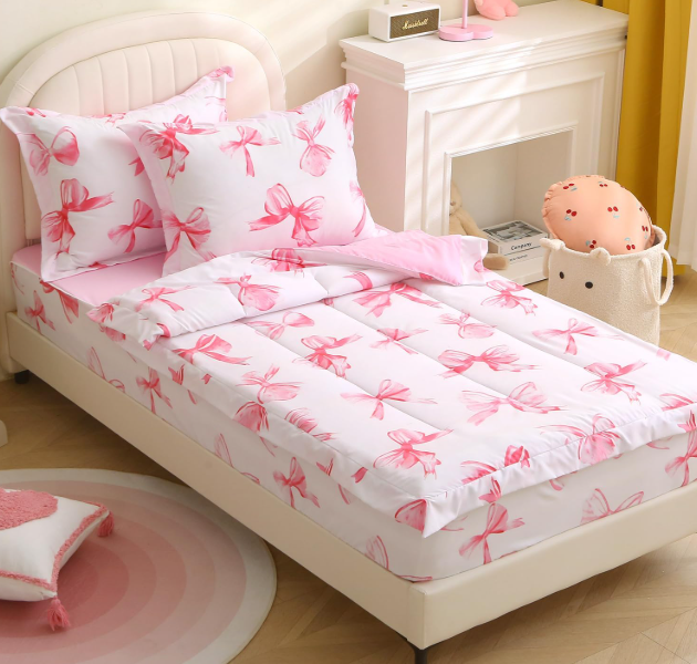 Girls Zipper Bedding Set Twin Zipit Bedding Pink Bow for Kids Zip Up Comforter Set Cute Bowknot Zip It Bed Set for Children Bedroom Decor