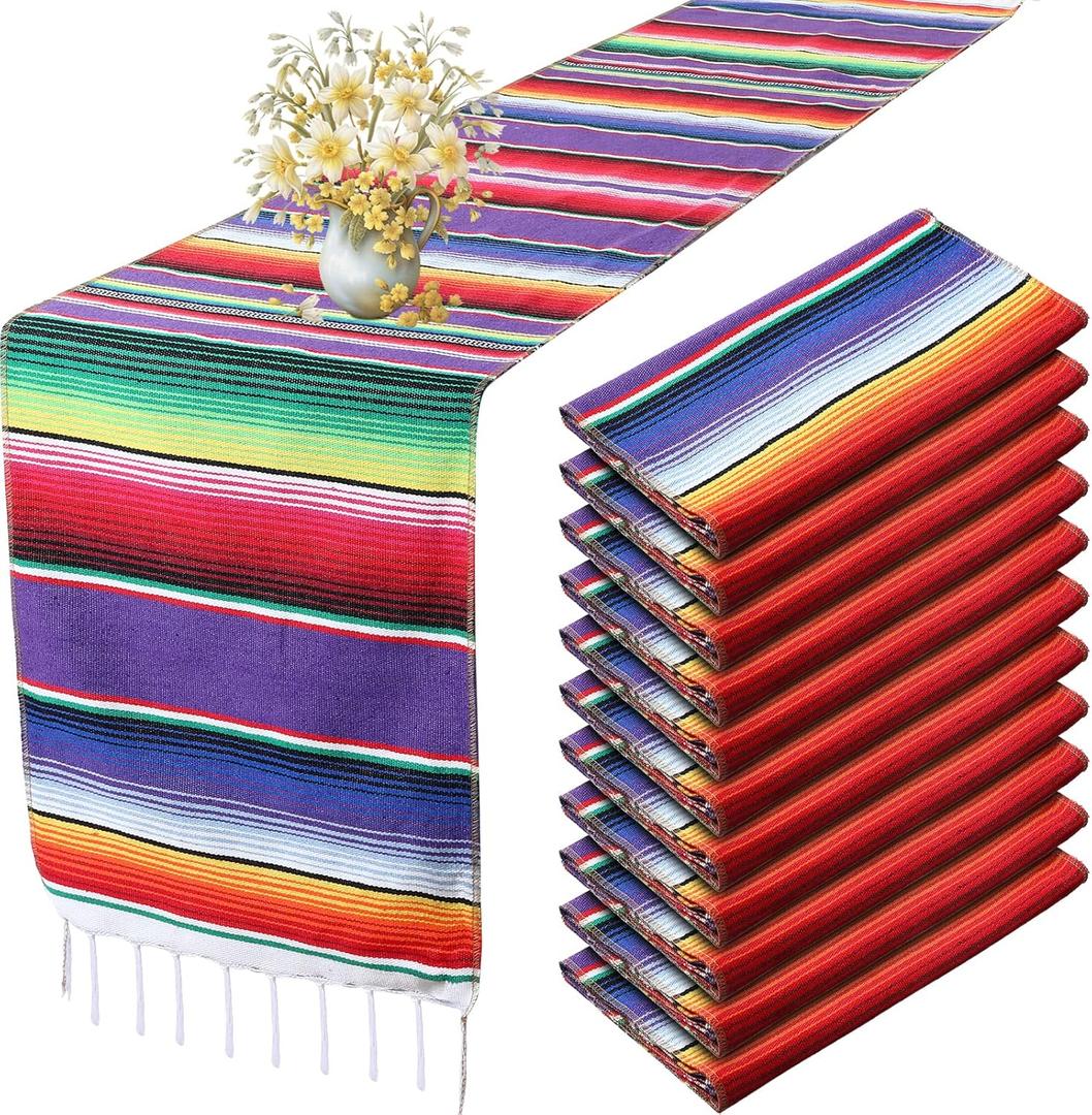 Tegeme 12 Pcs Mexican Table Runners 14 x 84 Inch Mexican Serape Table Runner Decor Blanket Fringe Cotton Table Runner Decoration for Cinco De Mayo Party Wedding(Classic Style)