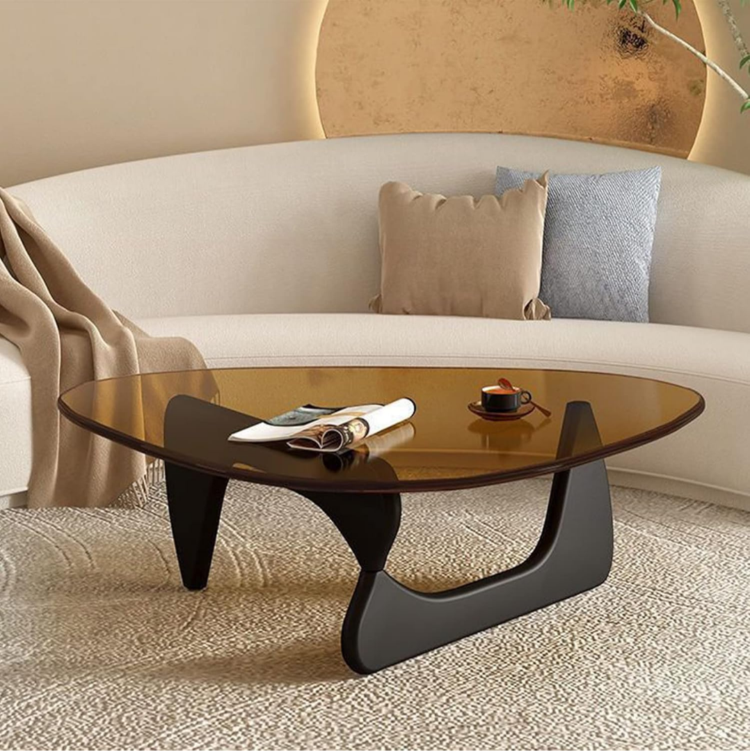 Glass Coffee Table Triangle Simple Modern Coffee Table Vintage Glass and Solid Wood Base Decor End Table for Living Room Patio Office (Black Teal, Small 32.2 * 22.4 * 16in)