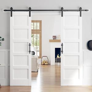 ROYMELO Double 2484 Inch White Sliding Barn Door Slab with 8ft Hardware Kit Included, 5-Panel, MDF Wood Panel Covered with Water-Proof Scratch-Proof PVC Surface, Simple DIY Assembly