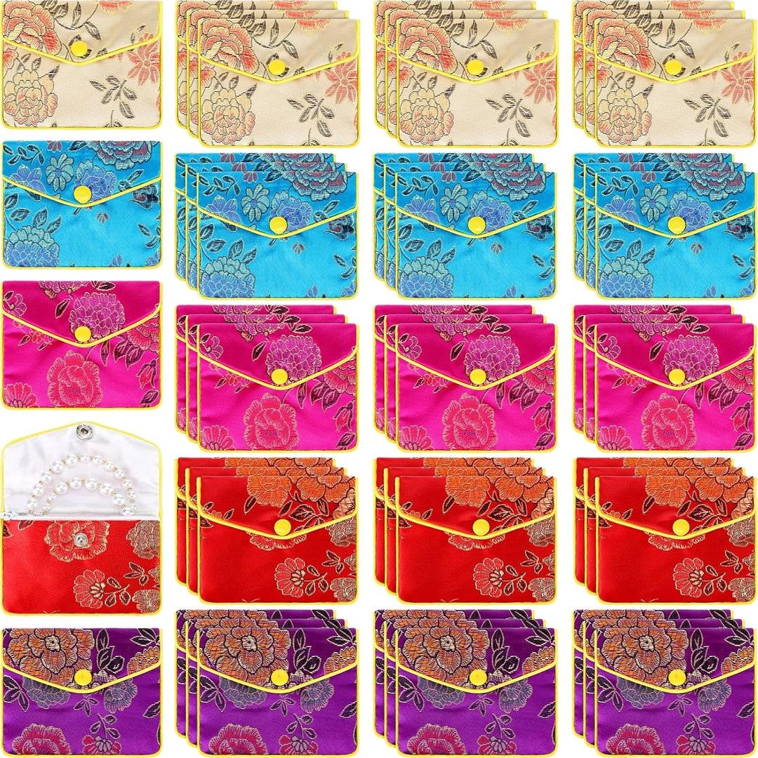Zhengmy 50 Pcs Jewelry Silk Purse Pouch Gift Bags Bulk, Chinese Silk Style Brocade Embroidered Bag with Zipper Jewelry Bags(3.15 x 3.94 Inch,Bright Color)