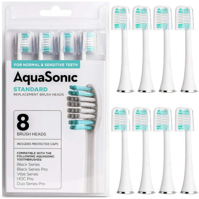 AquaSonic Genuine Standard Replacement Brush Heads | ADA Accepted | for Normal & Sensitive Teeth | Compatible with Many AquaSonic Toothbrush Handles (8 Pack White)