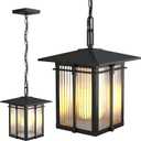 Outdoor Pendant Light Fixture, Soptted Black Aluminum Hanging Porch Lights Outdoor with Ribbed Glass, Exterior Pendant Lights with Adjustable Chain for Patio Corridor (Max 41''H, 1 pc)