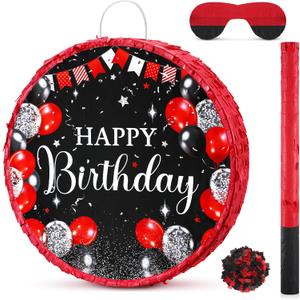Sinmoe Birthday Piata with Stick Blindfold and Confetti for Boys Girls Men Women Birthday Party Supplies(Red and Black)