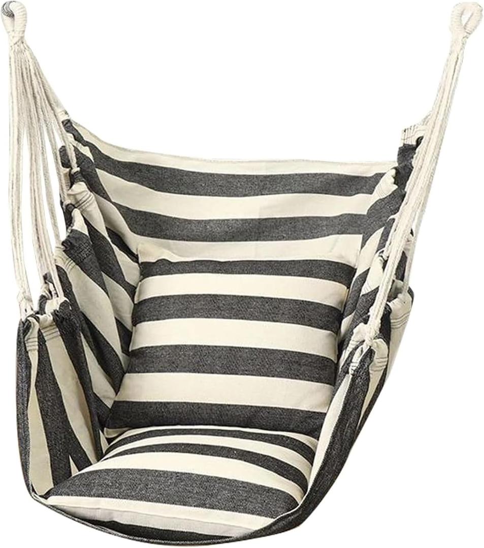 Hanging Hammock Chair Swing， 2 Cushions Included for Any Indoor or Outdoor Spaces Capacity Portable(Black White Stripes)