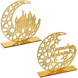 2 Pieces Acrylic Ramadan Decorations Islamic Eid Mubarak Kareem Table Sign Moon Hollow Star Ornament for Muslim Party Tabletop Decor Home Art Craft Decoration Golden Moon
