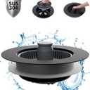 Hibbent Upgraded 3 in 1 Kitchen Sink Drain Strainer and Stopper Combo, Stainless Steel Metal Pop Up Sink Stopper, Anti-Clogging Basket Strainer with Handle for US Standard 3-1/2 Inch Drain, Black