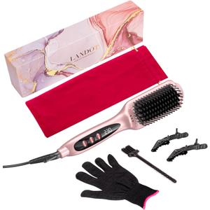 LANDOT Inoic Hair Straightener Brush for Smooth, Frizz-Free Results - Electric Heated Ceramic Straightening Brush Dual Voltage - Fast Heating Adjust Temp 250-450F for All Hair Types