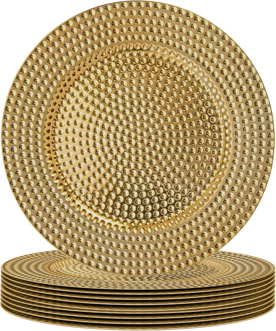 JEVERGN 10 Pack Gold Charger Plates, 13" Hammered Chargers for Dinner Plates, Gold Plate Chargers Set of 10, Round Plastic Charger for Wedding, Party Event, Dinner, Table Setting