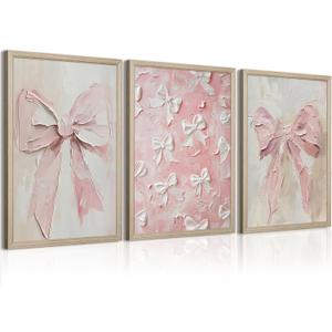 Pink Bow Wall Art Decor Preppy Trendy Posters Coquette Aesthetic Canvas Wall Decor Preppy Girl Room Pictures Vintage Pink Coquette Painting Cute Bow Artwork for Girly Bedroom 12x16x3 Inch Wood Framed