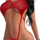 OYOANGLE Women's See Through Mesh Babydoll Bodysuit Tie Backless High Cut String Halter Lingerie (Large, Red)