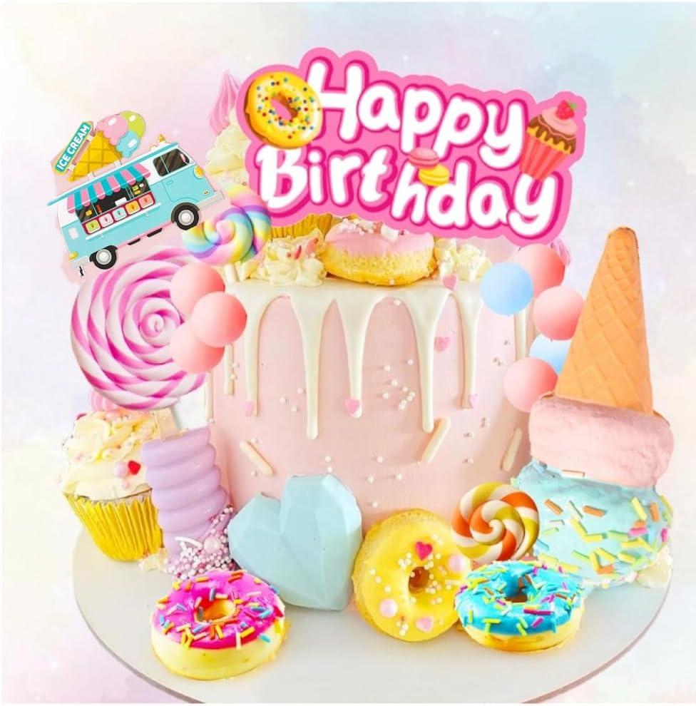 24 PCS Ice Cream Cupcake Toppers Donut Cake Topper Dount Themed Cake Topper Donut Birthday Themed Party Supplies Ice Cream Themed Birthday Cake Decorations