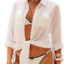 ZAFUL Women's Bikini Swimwear Cover Up Semi-Sheer V Neck Button Up Top Shirt Blouse Beachwear (White), One Size