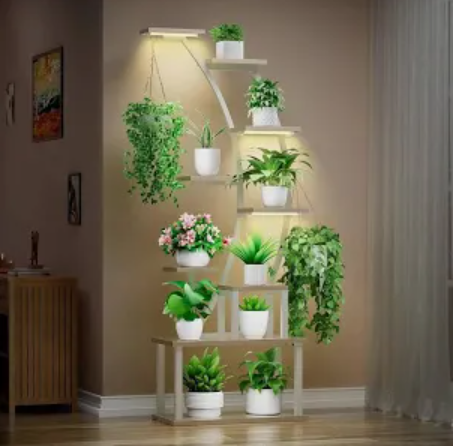 BACEKOLL Plant Stand Indoor with Grow Lights, 9 Tiered Metal Plant Shelf, 63" Tall Plant Stand for Indoor Plants Multiple, Large Plant Rack Display Shelves, Corner Plant Holder for Home, Patio (White)