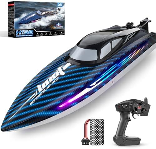 30KMH RC Remote Control Boat with 7 LED Light Modes Waterproof Electric Fast Speed Boat for Adults Kids 8-12 Lake Pool Water Play,Self-righting,Demo,Water Cooling,20Mins,Low Battery Alert,2.4Ghz,Blue