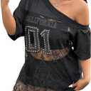 WDIRARA Women's Plus Size Lace Jersey Shirts Short Sleeve Off The Shoulder Tee Sheer Oversized Tops (X-Large Plus, Black)