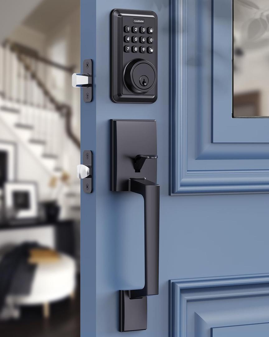 Keyless Entry Door Lock Deadbolt with Handle Set - Front Door Lock Set- Electronic Keypad Deadbolt - Smart Lock -Easy Installation -Matte Black