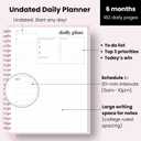 Undated Daily Planner | 2026 Calendar | Large Daily and Monthly Planner with Hourly Schedule, 8.5" x 11" | 6 Month, Full Page a Day, To do List, Time Blocking, Pink Aesthetic Hardcover Spiral Notebook